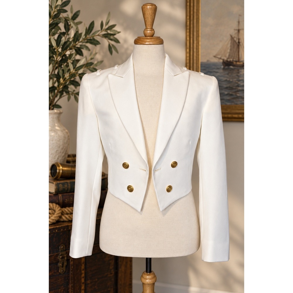 Vintage Quartermaster Ivory Cropped Military Blazer Gold Buttons 80s 90s